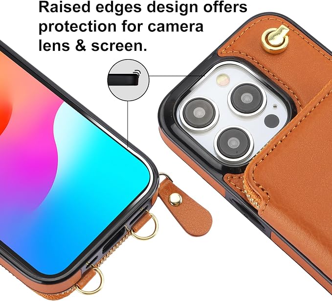 Bocasal Crossbody Wallet Case for iPhone 15 Pro, RFID Blocking Leather Purse Case with Card Holder, Protective Handbag Flip Cover with Zipper Wrist Strap Lanyard for Women 5G 6.1 Inch (Brown)