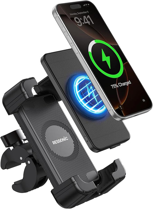 Phone Holder Bike Mount with Detachable Power Bank 5000 mAh– Fast Magnetic Wireless Charging for Strollers, Motorcycles, Gym Equipment, and More – Stable, Secure Design, Water-Resistant