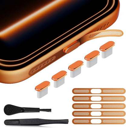iPhone 17 Pro Max Speaker Protector Cover Accessories - 5PCS USB C Dust Plug & Earpiece Speaker Mesh Adhesive Stickers for iPhone 17 Pro Max / 17 Pro, Type C Charging Port Cover with Tweezer, Orange