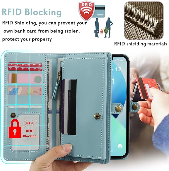 for Wallet Case Compatible with iPhone 13,Multi-Function Detachable 2 in 1 Magnetic iPhone 13 Case Wallet,Flip Strap Zipper Card Holder Phone Case with Shoulder Straps (Blue)