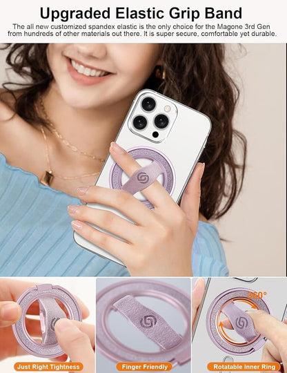 EWA MagOne Cell Phone Grips, Phone Ring Holder Grip Stand, Stylish Twinkle Finger Grip Kickstand 360° Rotation, Compatible with Phone 16 15 14 13 Pro Max Plus-(Glitter Purple)