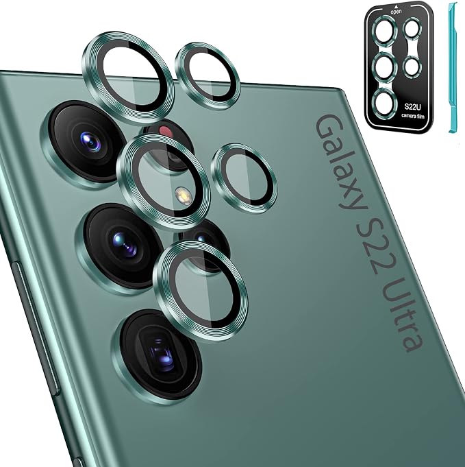 Tensea [3+2PCS for Samsung Galaxy S22 Ultra Camera Lens Protector, 9H Tempered Glass Camera Cover Screen Protector Metal Individual Ring for S22 Ultra 5G 2022 [Installation Tray][Removal tool]- Green