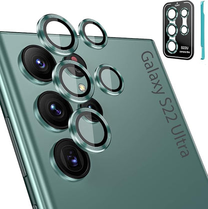 Tensea [3+2PCS for Samsung Galaxy S22 Ultra Camera Lens Protector, 9H Tempered Glass Camera Cover Screen Protector Metal Individual Ring for S22 Ultra 5G 2022 [Installation Tray][Removal tool]- Green