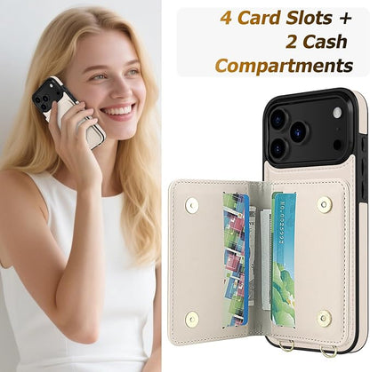 LOHASIC for iPhone 17 Pro Max Case Wallet with Detachable Crossbody Strap & Wrist Lanyard, RFID Blocking, 4 Card Slots 2 Cash Pockets, Leather Case with Card Holder for Women Girls, Ivory White