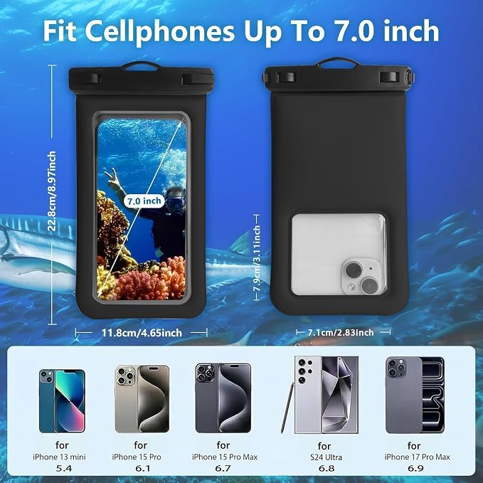 Floatable Waterproof Phone Pouch Case 2 Pax for iPhone 17 16 Pro Max/15/14/13/12, IP68 Travel Cellphone Dry Bag Beach Cruise Ship Essentials Bags with Crossbody Lanyard,Pink and Black-7″