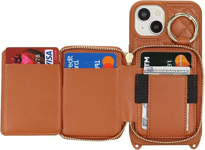 Crossbody Wallet Case for iPhone 14, PU Leather Zipper Handbag Purse Flip Cover, Kickstand Folio Case with Card Slots Holder Wrist Strap Lanyard 5G 6.1 Inch-Brown