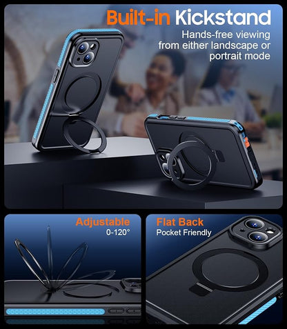 Temdan Magnetic for iPhone 15 Case Waterproof, [Built-in Ring Invisible Stand & Screen Protector][IP68 Underwater][Dropproof][Dustproof][Real 360] Shockproof Protective Phone Case 6.1'' -Blue