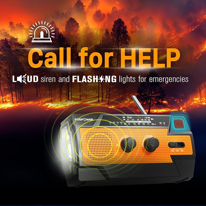 FosPower NOAA Emergency Weather Radio A3 14800mWh Portable Power Bank, AM/FM, USB/Solar/Hand Crank Charging, SOS Alarm & Flashlight for Indoor/Outdoor Emergency - Orange