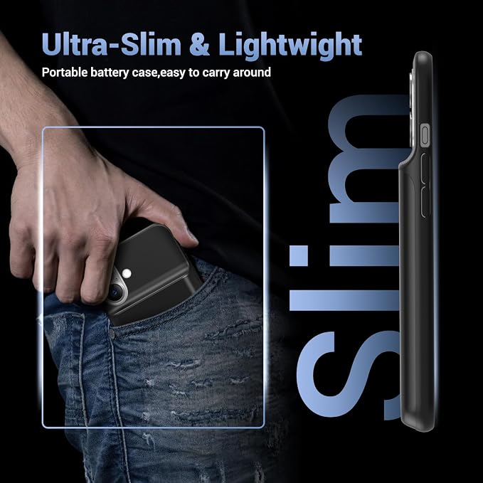 Battery Case for iPhone 16, Ultra-Slim 7000mAh Portable Extended Charging Charger Case [2026 Upgraded] w/Tempered Glass Film for iPhone 16 (6.1inch), Black