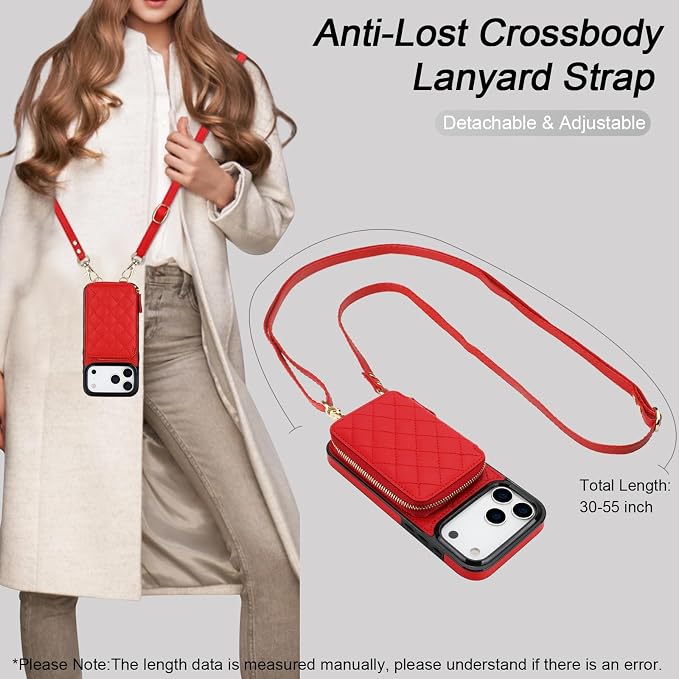 Bocasal Crossbody Wallet Case for iPhone 17 Pro Max, RFID Blocking PU Leather Zipper Handbag Purse Flip Cover, Kickstand Folio Case with Card Slots Holder Wrist Strap Lanyard 5G 6.9 Inch (Red)