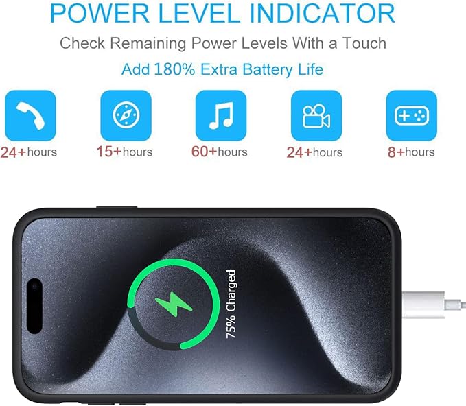 Battery Case for iPhone 15 Pro, 10000mAh Portable Protective Charging Case with Wireless Charging Compatible with iPhone 15 Pro (6.1 inch) Extended Battery Pack Charger Case with Carplay (Black)