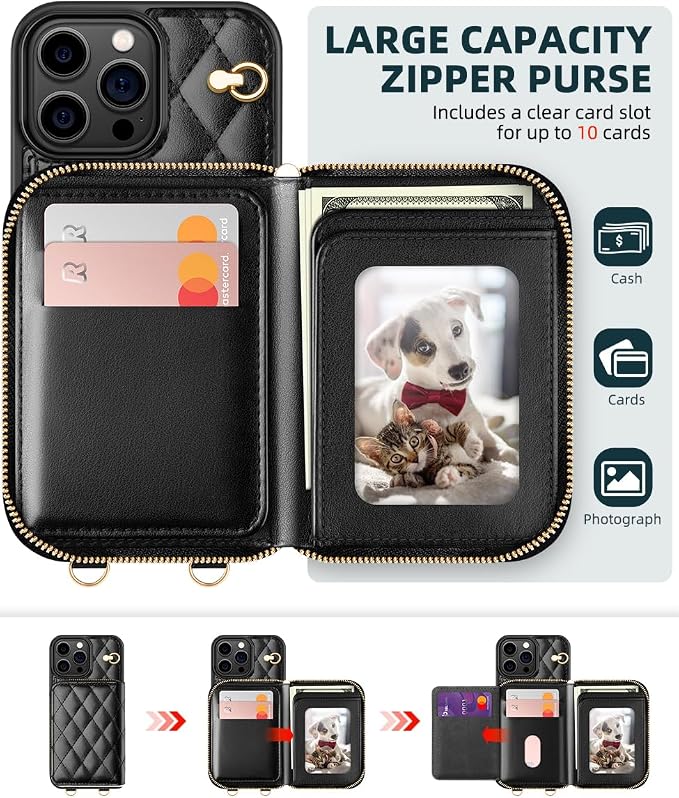 OCASE Compatible with iPhone 16 Pro Crossbody Wallet Case with Card Holder, PU Leather Zipper Handbag Phone Purse with RFID Blocking Kickstand Wrist Strap Lanyard 6.3 Inch, Diamond Check Black