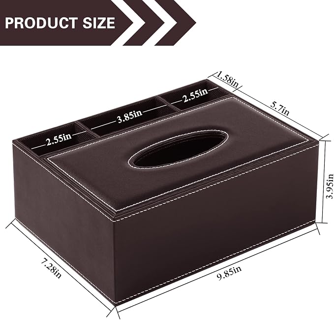 PU Leather Rectangular Tissue Box Cover - Multifunctional Tissue Box Holder with Stationery Remote Control Box, Decorative Tissue Pen Remote Organizer for Home/Office/Restaurant (Brown)
