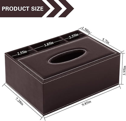 PU Leather Rectangular Tissue Box Cover - Multifunctional Tissue Box Holder with Stationery Remote Control Box, Decorative Tissue Pen Remote Organizer for Home/Office/Restaurant (Brown)