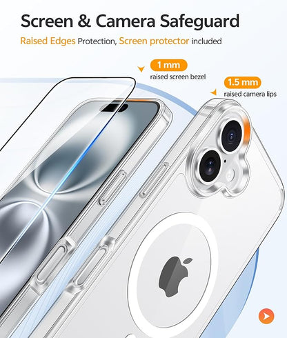 FNTCASE for iPhone 16 Case: [Compatible with Magsafe] [Screen Protector] Anti Yellowing Transparent Clear Magnetic Phone Cover - Military Grade Shockproof Drop Proof Protective Cases - Clear