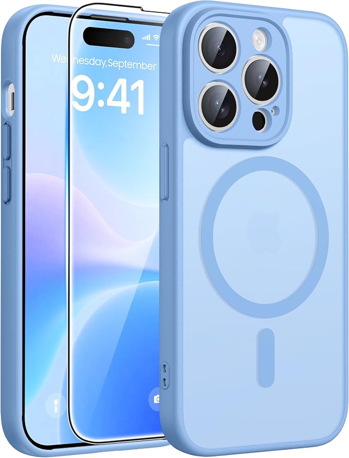 FNTCASE for iPhone 14 Pro Max Case: [Compatible with Magsafe] Translucent Matte Cases with [Full Camera Protection] [Screen Protector] Military Grade Shockproof Protective Phone Cover - Light Blue