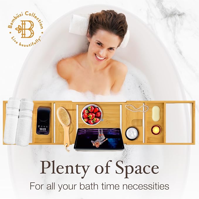 Wooden Bathtub Tray - Foldable Expandable Bamboo Bath Tray for Tub with Wine Holder, Book & Tablet Stand - Bath Caddy for Bathtub, Spa Bath Accessories for Women, Tub Tray Table, Gift for Her or Him