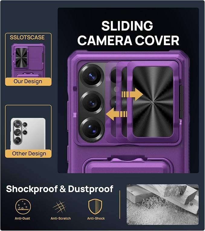 SSLOTSCASE for Samsung Galaxy S25 Ultra Case with Card Holder & Lens Cover & Hidden Kickstand, Silicone Edge Durable Protective Wallet Phone Case Cover for Galaxy S25 Ultra 6.9'', Dark Purple