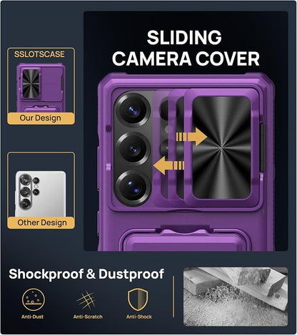 SSLOTSCASE for Samsung Galaxy S25 Ultra Case with Card Holder & Lens Cover & Hidden Kickstand, Silicone Edge Durable Protective Wallet Phone Case Cover for Galaxy S25 Ultra 6.9'', Dark Purple
