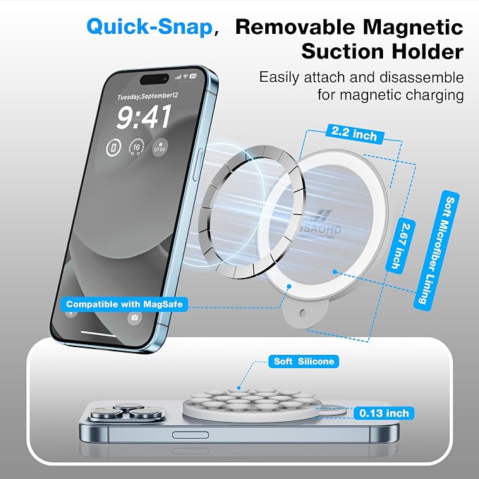 Magnetic Suction Cup Phone Mount with MagSafe, Silicone Hands-Free Grip Holder for iPhone Case and Android, Mirror Shower Phone Stand for Makeup FaceTime Gym Kitchen Bathroom, Light Gray