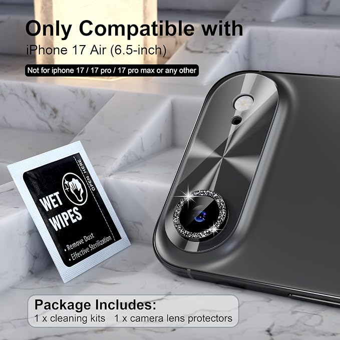 Choiche Compatible for iPhone 17 Air Camera Lens Protector, Bling Camera Cover with 9H Tempered Glass Lens Screen Protector Metal Ring Decoration Accessories 6.5-inch (Light-Black)
