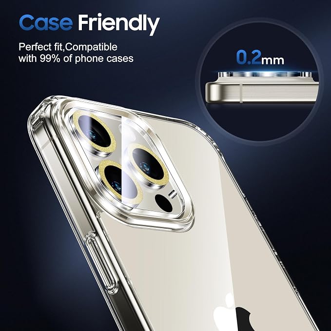 UniqueMe for 3 Pack iPhone 15 Pro/iPhone 15 Pro Max Camera Lens Protector, [Drop Protection] [Case Friendly] 9H Tempered Glass Camera Cover Screen [Update New Version] - Glitter Golden