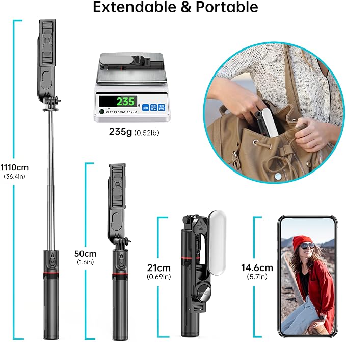Stable Selfie Stick Tripod with Fill Light, 44 Inch Extendable Selfie Stick with Wireless Remote and Tripod Stand 360 Rotation for iPhone 15/14/13/12/11 Pro/XS Max/XS/XR/X/8/7, Samsung and Smartphone