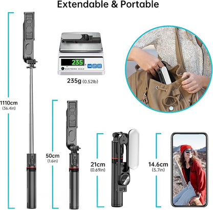 Stable Selfie Stick Tripod with Fill Light, 44 Inch Extendable Selfie Stick with Wireless Remote and Tripod Stand 360 Rotation for iPhone 15/14/13/12/11 Pro/XS Max/XS/XR/X/8/7, Samsung and Smartphone