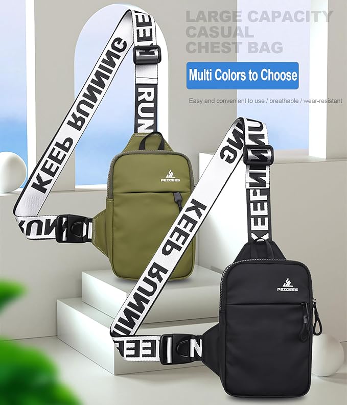 Peicees Mini Crossbody Sling Bag Chest Bag Dual Pocket Water Resistant Fanny Pack Running Phone Holder for Men Women Workout Travel, Army Green