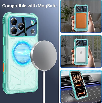 for iPhone 17 Pro Max Waterproof Case, Fit for Magsafe, IP68 Full Body Shockproof Dustproof, Built-in Camera Control and Screen Protector, 15FT Heavy Duty Military, 6.3" Cyan