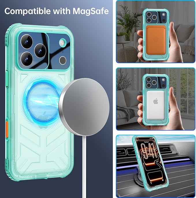 for iPhone 17 Pro Waterproof Case, Fit for Magsafe, IP68 Full Body Shockproof Dustproof, Built-in Camera Control and Screen Protector, 15FT Heavy Duty Military, 6.3" Cyan