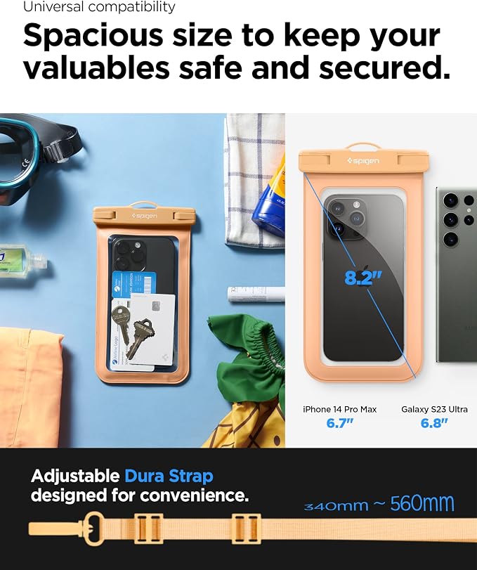Spigen AquaShield Universal Waterproof Phone Pouch, Waterproof Phone Case, PVC Protective Dry Bag Cases with IPX8 A601 Compatible with iPhone, Galaxy, Google (Pack of 1) - Transparent Apricot