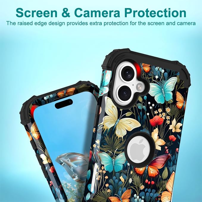 Hocase for iPhone 17 Case 6.3", Heavy Duty Shockproof Protection Soft Silicone Rubber+Hard Plastic Bumpers Hybrid Protective Case for iPhone 17 2025 - Joyful Butterfly