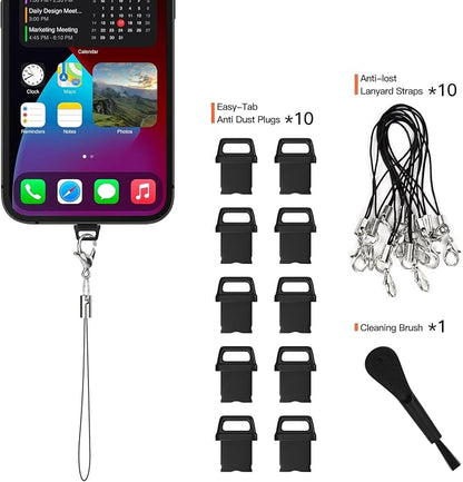 10X iPhone 14 Anti Dust Plug, iPhone Lightning Charging Port Dust Cover for iPhone 14 Pro Max, 13 Pro Max, 12 Pro Max, 11 Pro, X, XS, XR, 8, 7 iPad AirPods with Easy Grip Tab, Lanyard & Cleaning Brush