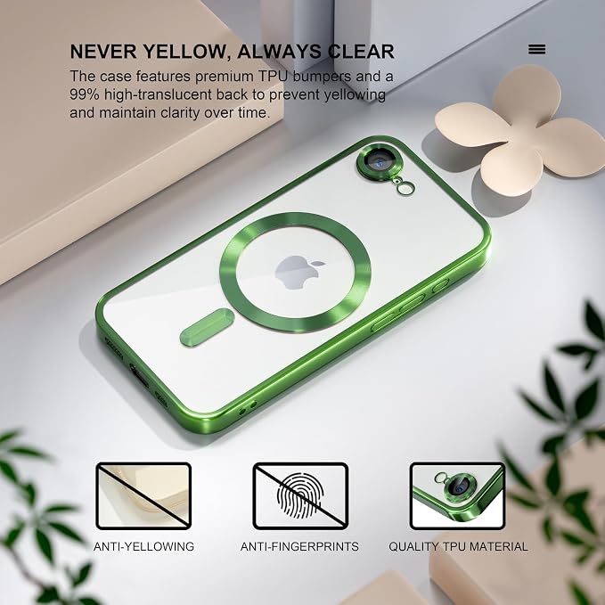 Misea Magnetic for iPhone 17e / 16e Case Compatible with MagSafe [Never Yellowing] [Military Grade Drop Protection] Full Camera Lens Protector Plating Soft Clear Phone Case for Women 6.1 inch, Green