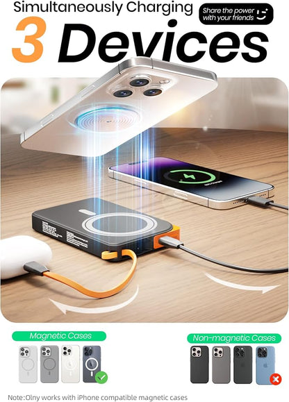 Magnetic Portable Charger, for Magsafe Battery Pack with Stand, 10000mAh Wireless Power Bank Fast Charging with Built in Cable(USB C), Powerbank for iPhone17/16/15/14/13/12 Travel & Daily, Purple