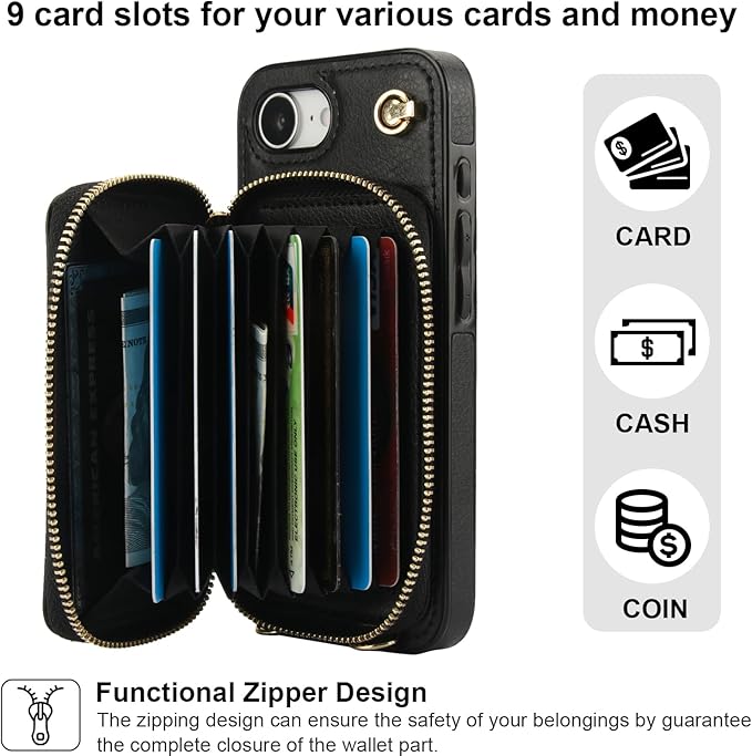 Bocasal Crossbody Wallet Case for iPhone 17e/16e, RFID Blocking Leather Purse Case with Card Holder, Protective Handbag Flip Cover with Zipper Wrist Strap Lanyard for Women 5G 6.1 Inch (Black)