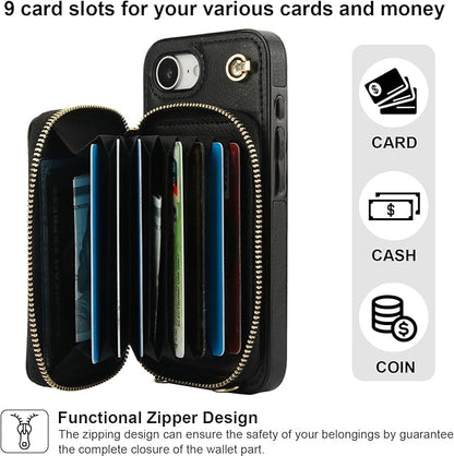 Bocasal Crossbody Wallet Case for iPhone 17e/16e, RFID Blocking Leather Purse Case with Card Holder, Protective Handbag Flip Cover with Zipper Wrist Strap Lanyard for Women 5G 6.1 Inch (Black)