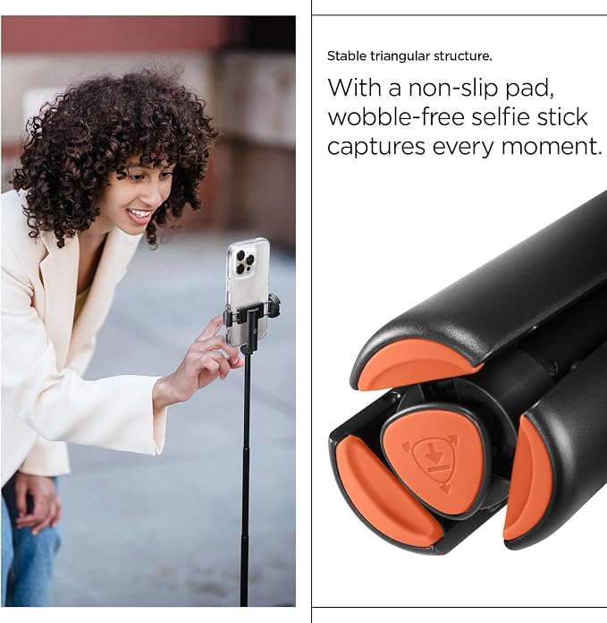 Spigen Selfie Stick Automatic Tripod Stand with Bluetooth Remote Control Shutter 57" Extendable Compatible with MagSafe iPhone 17/16/15/14/13/12 Pixelsnap Pixel 10 Series & More - Black (S541W)