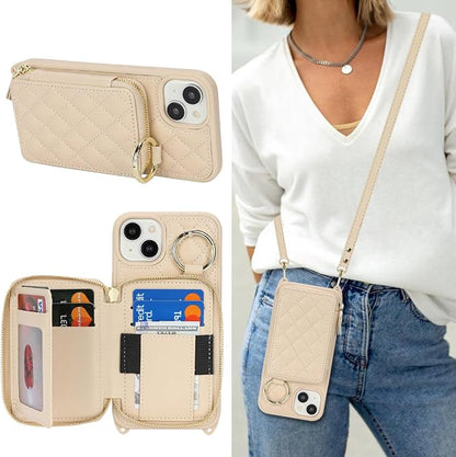 Crossbody Wallet Case for iPhone 14 Plus, PU Leather Zipper Handbag Purse Flip Cover, Kickstand Folio Case with Card Slots Holder Wrist Strap Lanyard 5G 6.7 Inch-White