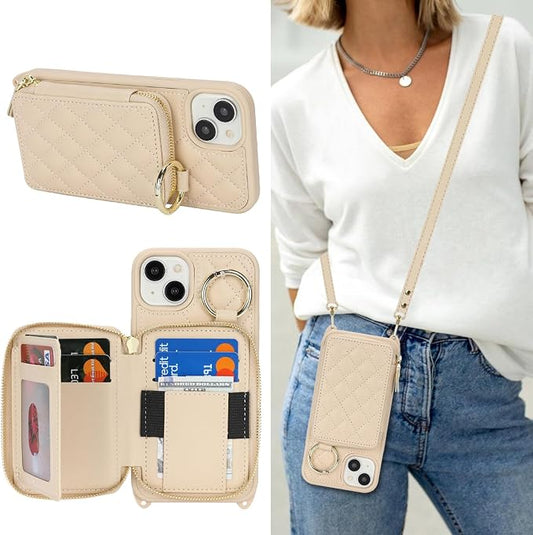 Crossbody Wallet Case for iPhone 14 Plus, PU Leather Zipper Handbag Purse Flip Cover, Kickstand Folio Case with Card Slots Holder Wrist Strap Lanyard 5G 6.7 Inch-White
