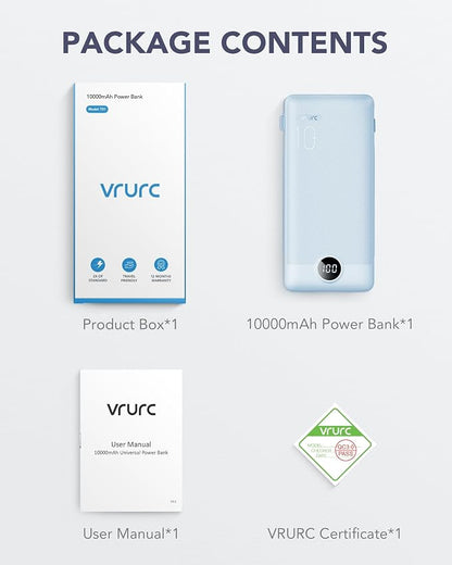 VRURC Portable Charger, Power Bank Built-in Cables and AC Wall Plug | USB C Power Bank 10000mAh, Travel Essentials Phone Charger Compact External Battery Pack For Smart Phones, Tablets etc-Blue