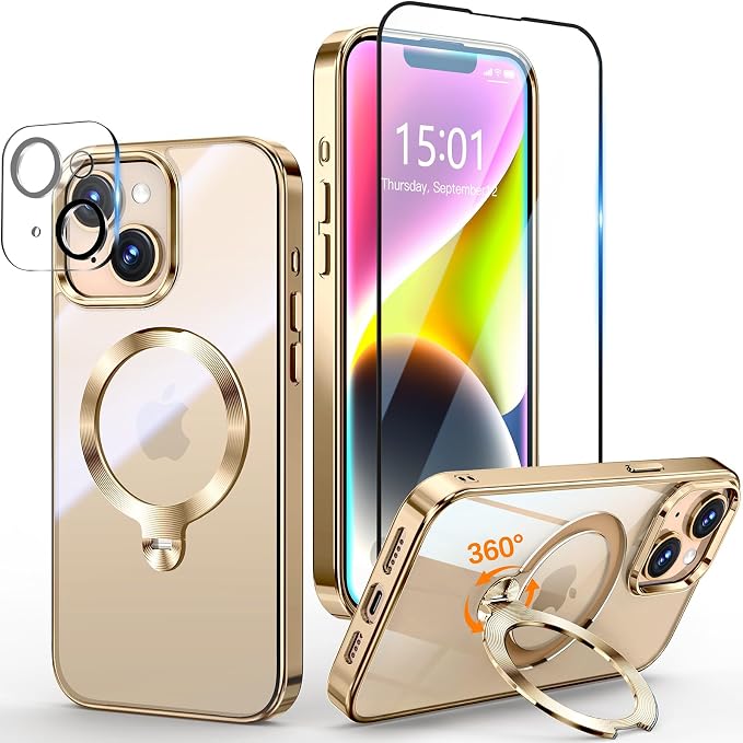 [Tri-Shield Protection] for iPhone 13/14 Case with 360° Spin Stand Compatible with MagSafe [Magnetic CD Ring] [Screen & Camera Lens Protector] Shockproof Plating Never-Yellowing, Gold-6.1"