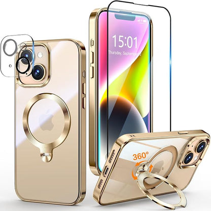 [Tri-Shield Protection] for iPhone 13/14 Case with 360° Spin Stand Compatible with MagSafe [Magnetic CD Ring] [Screen & Camera Lens Protector] Shockproof Plating Never-Yellowing, Gold-6.1"