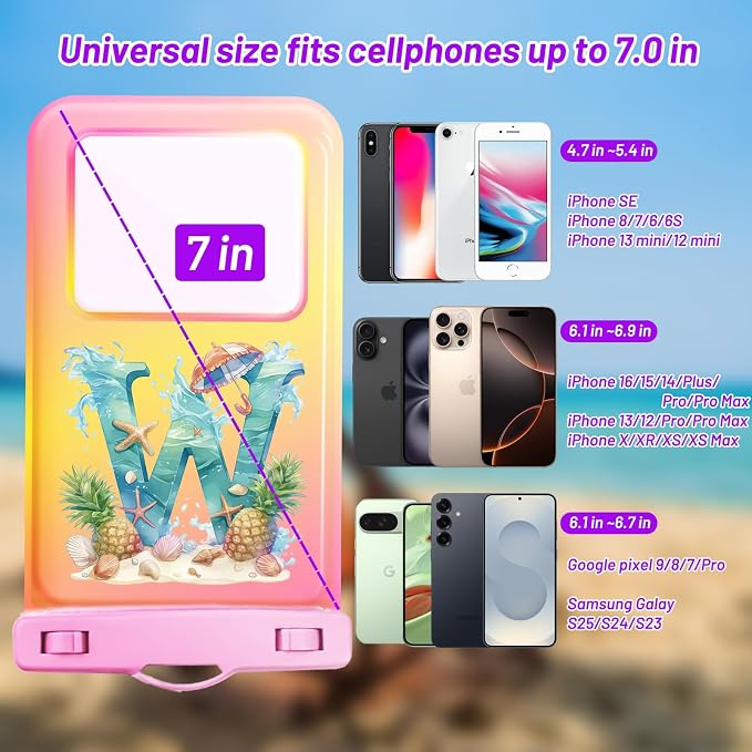Personalized Initial Waterproof Phone Pouch Case - IPX8 Cellphone Dry Bag with Lanyard for iPhone 16/15/14/13/12 Pro Max (6.1–6.9"), Beach & Cruise Ship Essentials with Monogrammed Design (Pink, W)