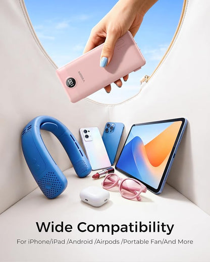 VEGER Portable Charger with Built-in AC Plug and Cables, All in One 10000mAh Ultra Slim Power Bank Travel Essentials, USB C External Battery Pack Compatible with iPhone, Samsung, More, Crepe