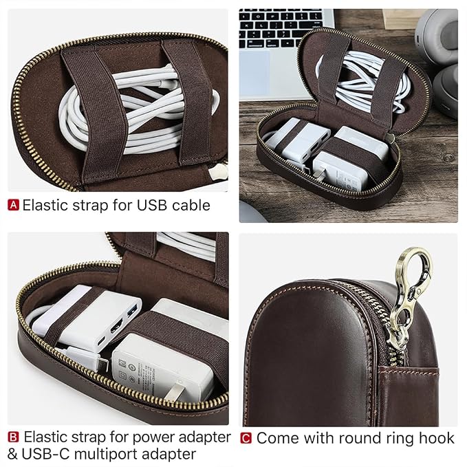 CONTACTS Full Grain Leather Electronics Organizer Small Cable Bag Handmade Tech Pouch Travel Organizer for Cable, Charger Cord