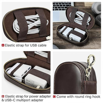 CONTACTS Full Grain Leather Electronics Organizer Small Cable Bag Handmade Tech Pouch Travel Organizer for Cable, Charger Cord