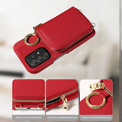 Wallet Case for Samsung Galaxy A52/A52S 5G with Shoulder Strap Ring Buckle, PU Leather Zipper Organ Purse, Credit Card Holder Stand Cell Phone Cover for A 52 S 4G G5 52A S52 52S Women Men Red