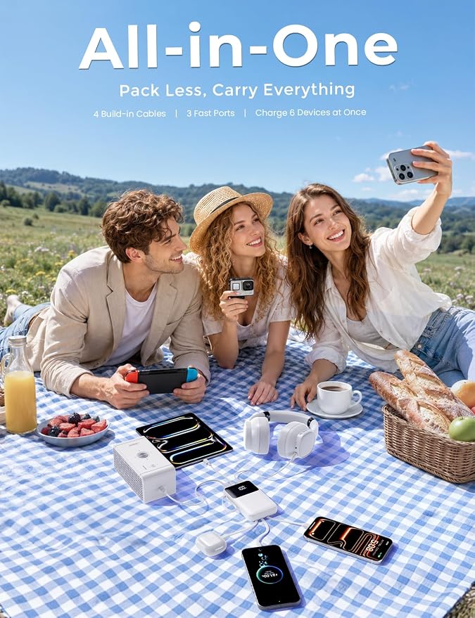 Power Bank, 15000mAh Portable Charger with Built in Cable, 22.5W Fast Charging, 6 Outputs, Slim Travel Essential Battery Pack with LED Display, Compatible with iPhone 17/16/15/14/13, iPad Pure White